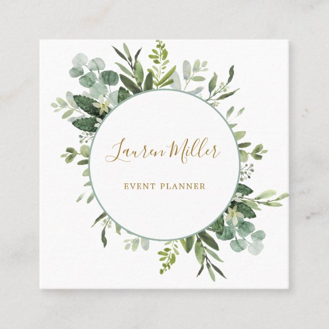 Carte De Visite Carré Dorée| Aquarelle Eucalyptus Verdure Wreath (Devant)