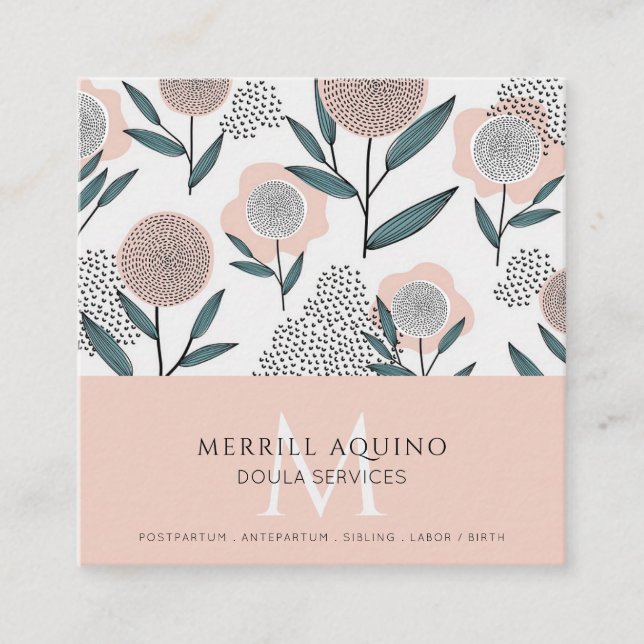 Carte De Visite Carré Doula Services Monogramme main tiré floral (Devant)