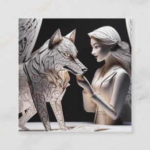 Carte De Visite Carré Drame de marionnettes en papier 3D, loup et fille