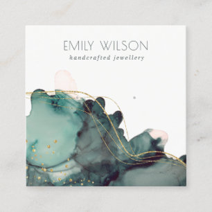 Carte De Visite Carré Écran d'oreille Abstrait en encre d'alcool or vert