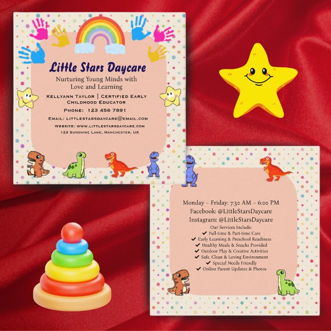 Carte De Visite Carré Editable Cute Rainbow Dino Preschool Card Design (Créateur téléchargé)