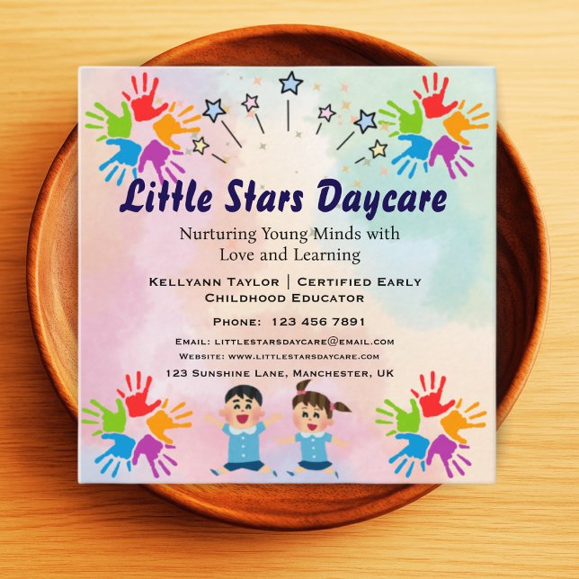 Carte De Visite Carré Editable Rainbow Handprint Nursery Card Design  (Créateur téléchargé)
