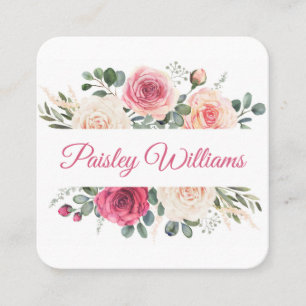 Carte De Visite Carré Élégant Aquarelle Blush Rose Script floral