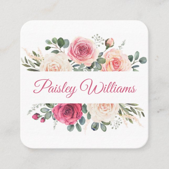 Carte De Visite Carré Élégant Aquarelle Blush Rose Script floral (Devant)