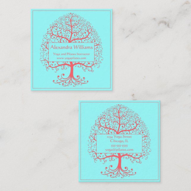 Carte De Visite Carré Élégant arbre de vie Pastel rose Personnalisé (Devant / Derrière)