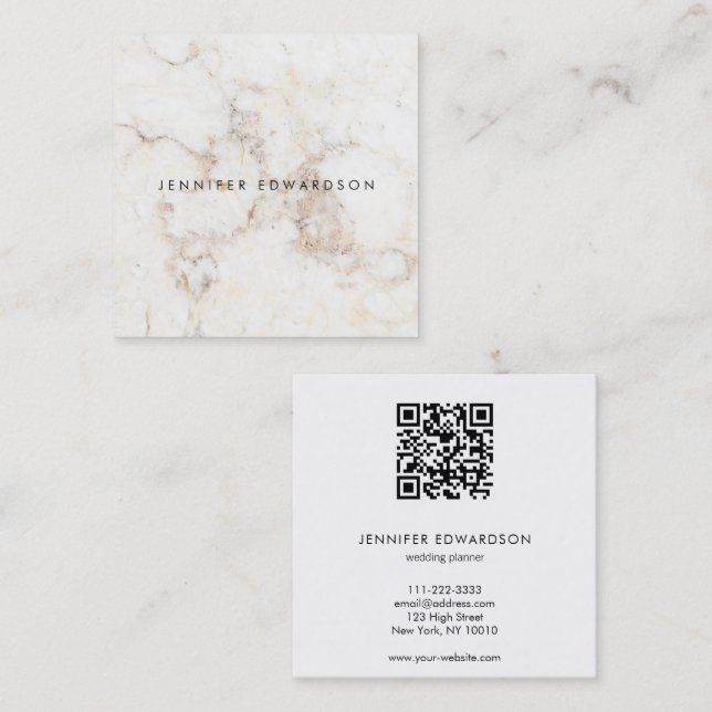 Carte De Visite Carré Élégant blanc de marbre QR code professionnel (Devant / Derrière)