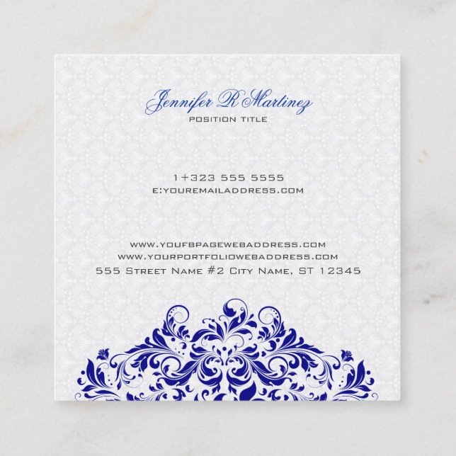 Carte De Visite Carré Elégant blanc & Royal Blue Damas & Swirls (Dos)