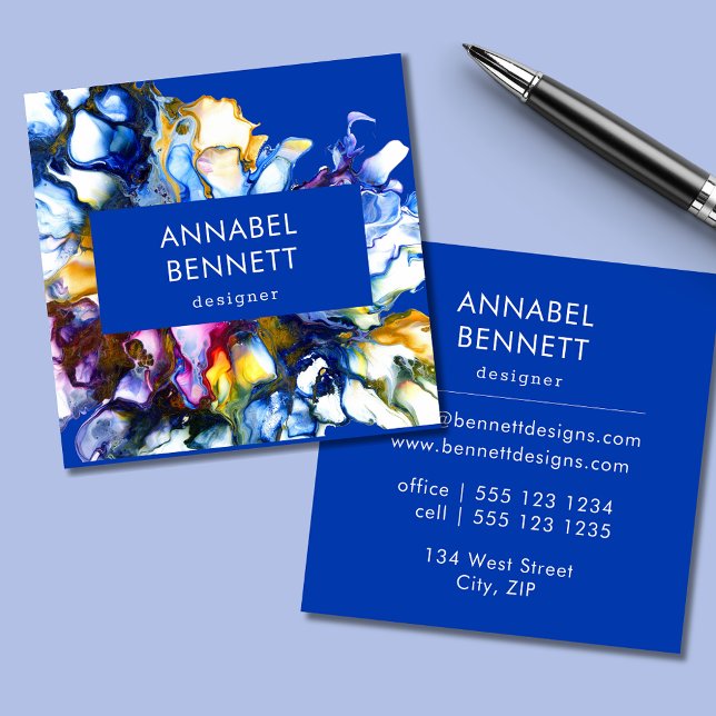 Carte De Visite Carré Elégant bleu abstrait (Blue abstract art square business card.  Edit with your own details online.)