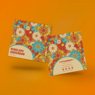 Carte De Visite Carré Élégant Bleu Orange Simple Rétro Super Floral
