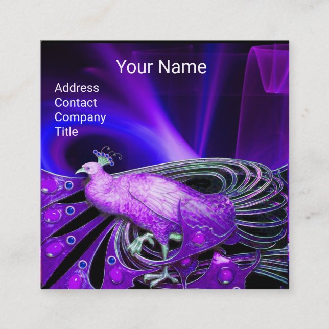 CARTE DE VISITE CARRÉ ÉLÉGANT BLUE PURPLE PEACOCK NOIR MONOGRAM (Devant)