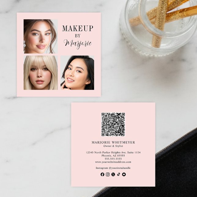 Carte De Visite Carré Elegant Blush Pink Black Script 3 Photo Makeup (modern black blush pink script 3 photo makeup square business card elegant minimalist simple)