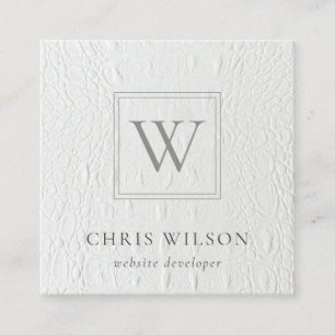 Carte De Visite Carré Élégant Chic Monogramme ivoire Cuir blanc Texture