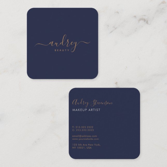 Carte De Visite Carré Elégant Chic Navy Blue Gold Signature (Devant / Derrière)