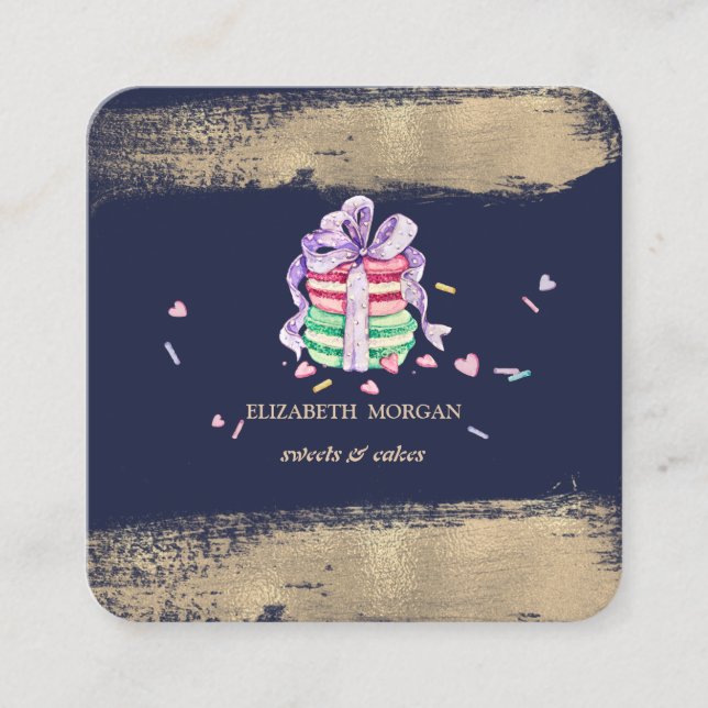 Carte De Visite Carré Élégant Faux Gold Brush Stroke Macarons (Devant)