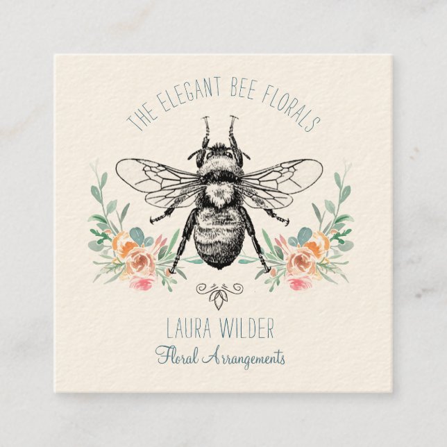 Carte De Visite Carré Élégant fleuriste rose vert d'abeille (Devant)