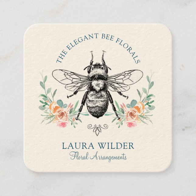 Carte De Visite Carré Élégant fleuriste rose vert d'abeille (Devant)