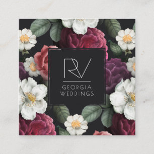 Carte De Visite Carré Élégant Floral Foncé Vintage sur Fond Noir Monog