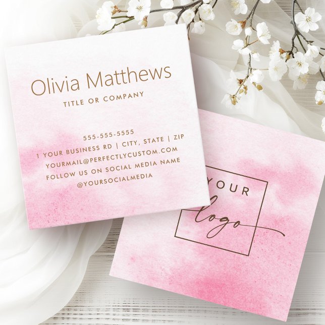 Carte De Visite Carré Élégant logo personnalisé couleur rose clair (Elegant light pink watercolor custom logo square business card)