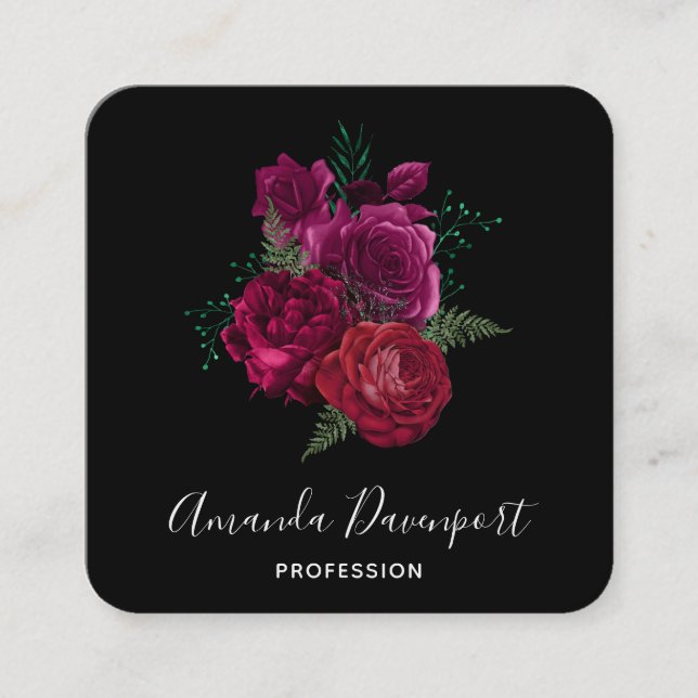 Carte De Visite Carré Elegant Magenta Rose Floral Bouquet (Devant)
