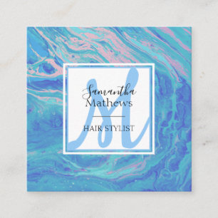 Carte De Visite Carré Élégant marbre bleu Agate Monogramme Liste de chev