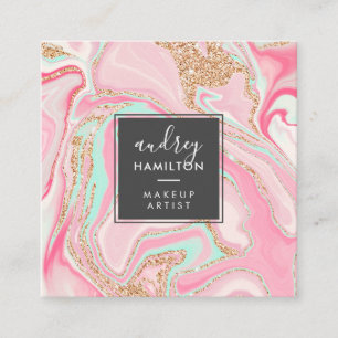 Carte De Visite Carré Elégant marbre rose rose doré maquillage moderne 