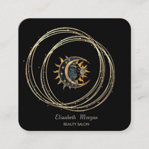 Carte De Visite Carré Élégant Moderne Cercles Dorés Soleil Lune Noir