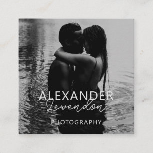 Carte De Visite Carré Élégant moderne noir script photo minimal QR Code