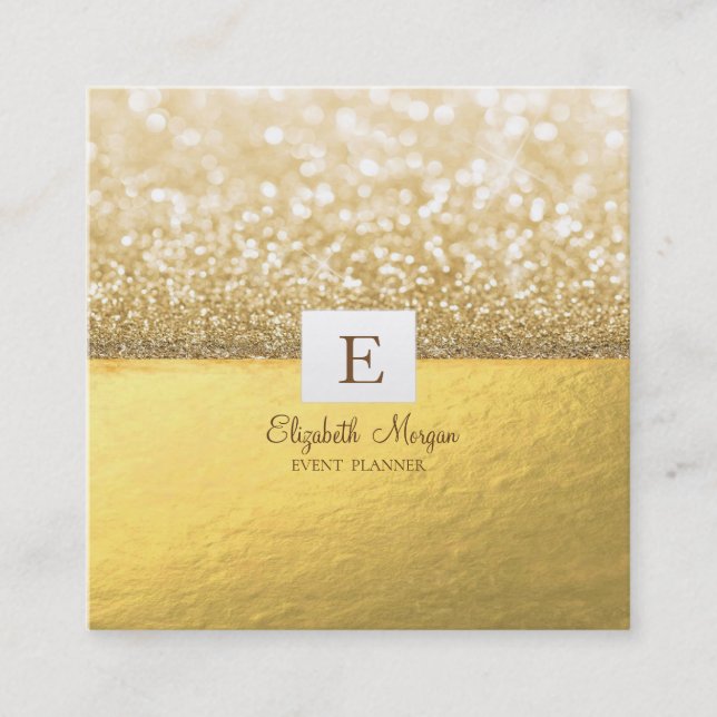 Carte De Visite Carré Elégant Monogram Gold Parties scintillant Bokeh (Devant)