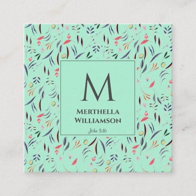 Carte De Visite Carré Élégant MONOGRAM Neo Mint Floral (Devant)