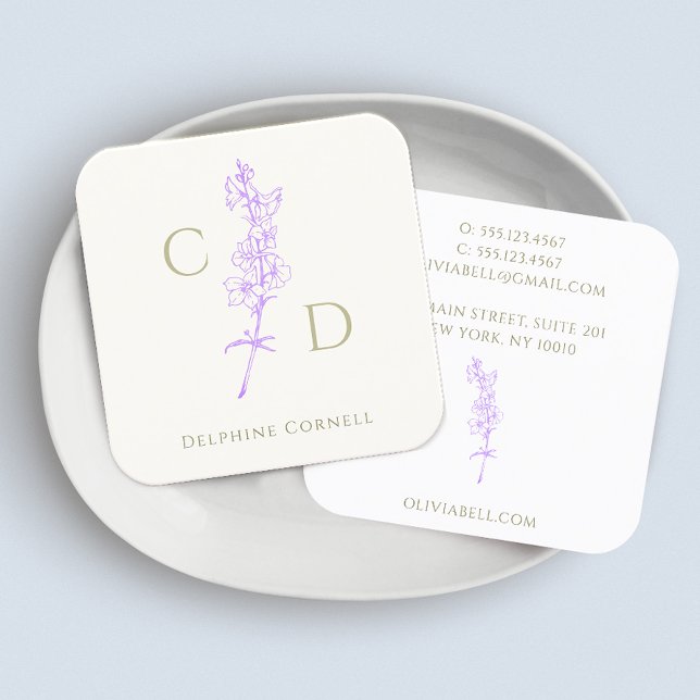 Carte De Visite Carré Élégant Monogramme Lavande Larkspur Floral (Créateur téléchargé)