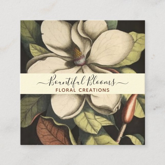 Carte De Visite Carré Élégant Monogramme Magnolia Crème Sage Blooms (Devant)