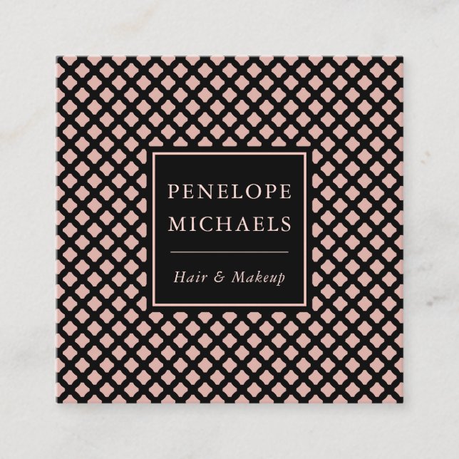 Carte De Visite Carré Élégant Motif Trellis noir et Rose (Devant)