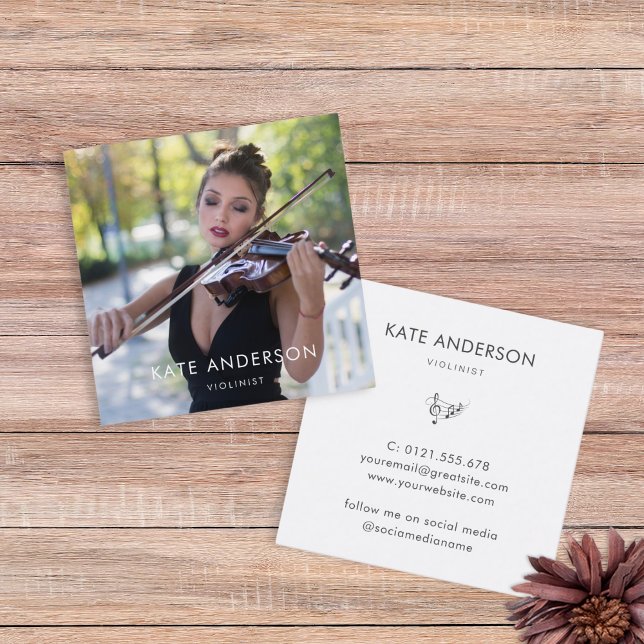 Carte De Visite Carré Elégant Musicien Violoniste Moderne Photo (Créateur téléchargé)
