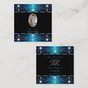 Carte De Visite Carré Élégant noir Turquoise bleu ornat Ornate Ornat Ajo