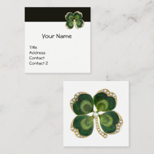Carte De Visite Carré ÉLÉGANT OR VERT SHAMROCK JEWEL ET PERLES Blanc