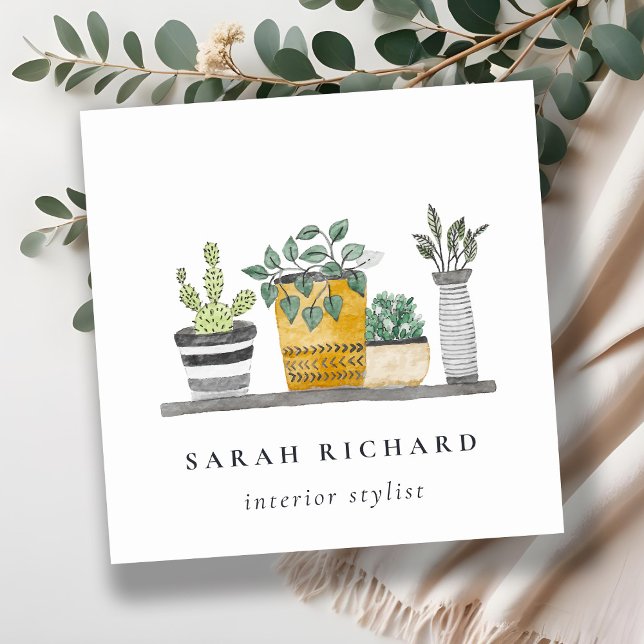 Carte De Visite Carré Elégant Plante à pots Maison Aquarelle Botanique (Créateur téléchargé)