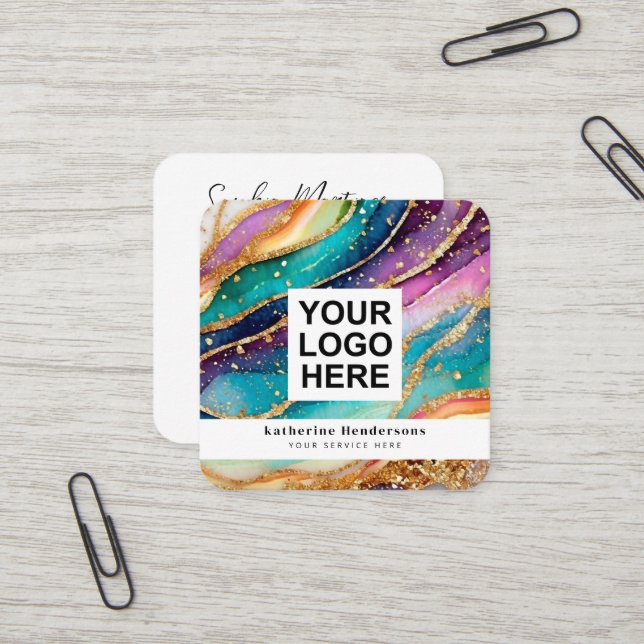 Carte De Visite Carré Elegant Rainbow Agate gold Glitter & QR Code Logo (Devant/Arrière en situation)