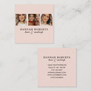 Carte De Visite Carré Élégant Rose Pâle Écriture 3 Photo Coiffure Maquil