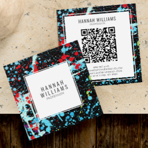 Carte De Visite Carré Élégant rouge bleu Qr Code coloré Peint Motif