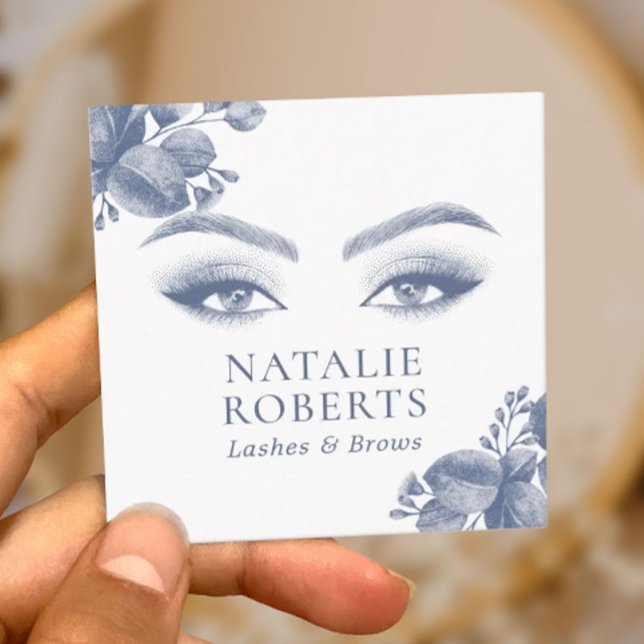 Carte De Visite Carré Elégant salon de beauté Bleu Botanique Lashes & Br (Créateur téléchargé)