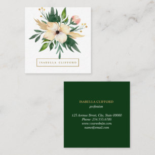 Carte De Visite Carré Elégant salon Spa de jour Vert Fleur Aquarelle