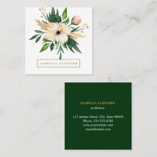 Carte De Visite Carré Elégant salon Spa de jour Vert Fleur Aquarelle