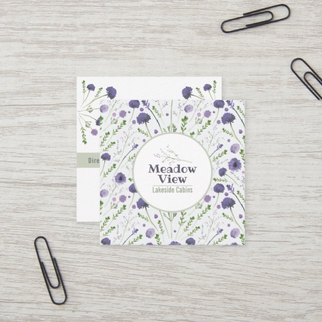 Carte De Visite Carré Elégant teint d'eau violet motif floral (Devant/Arrière en situation)