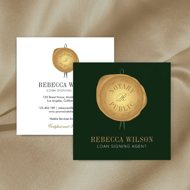 Carte De Visite Carré Elégant Timbre De Cire Vert & Or Moderne Chic Nota (Elegant notary business cards in emerald green and faux gold with faux wax stamp monogram)