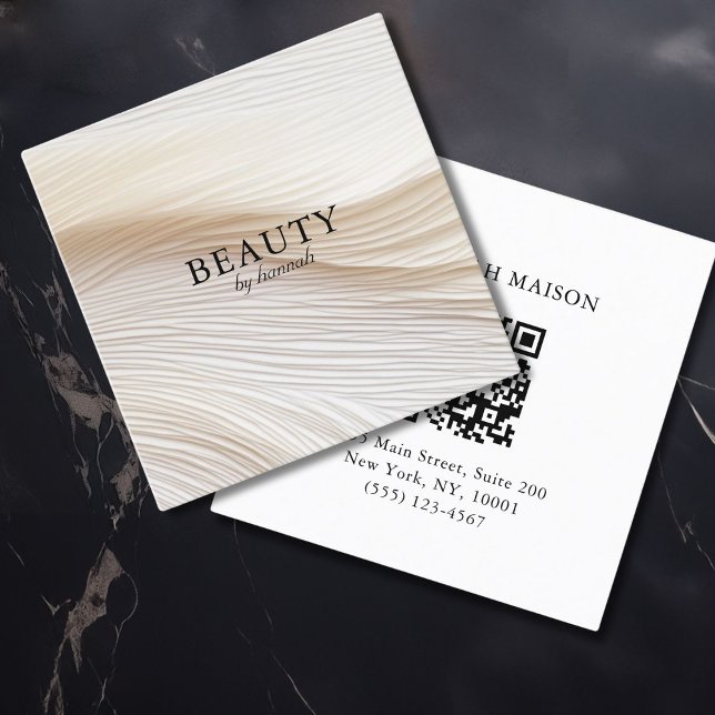 Carte De Visite Carré Elégant, vagues, salon, QR-Code (Elegant, waves, salon, QR-Code Square Business Card. Modern minimal, trendy.)