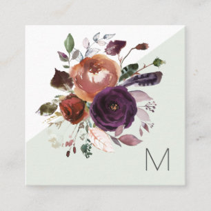 Carte De Visite Carré Élégant violet or Bourgogne Floral Monogramme