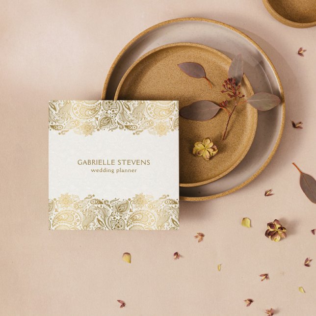 Carte De Visite Carré Élégant Wedding planner Or Et Blanc Paisley (Créateur téléchargé)
