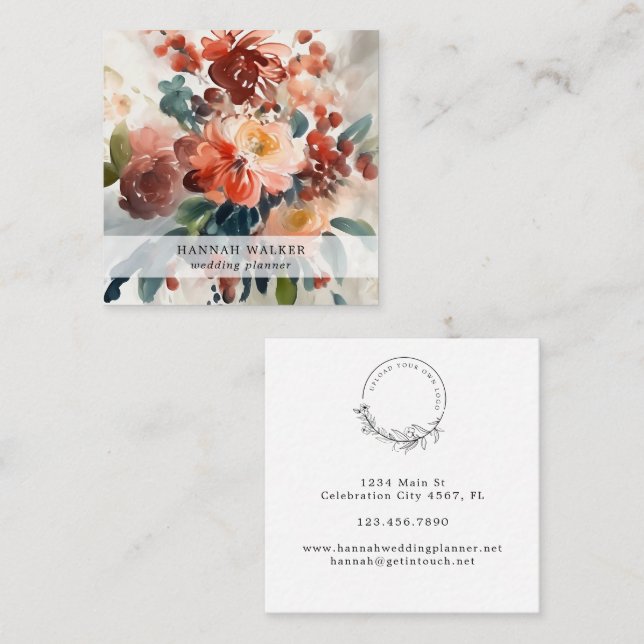 Carte De Visite Carré Elégante aquarelle Fleurs d'été Votre logo (Devant / Derrière)