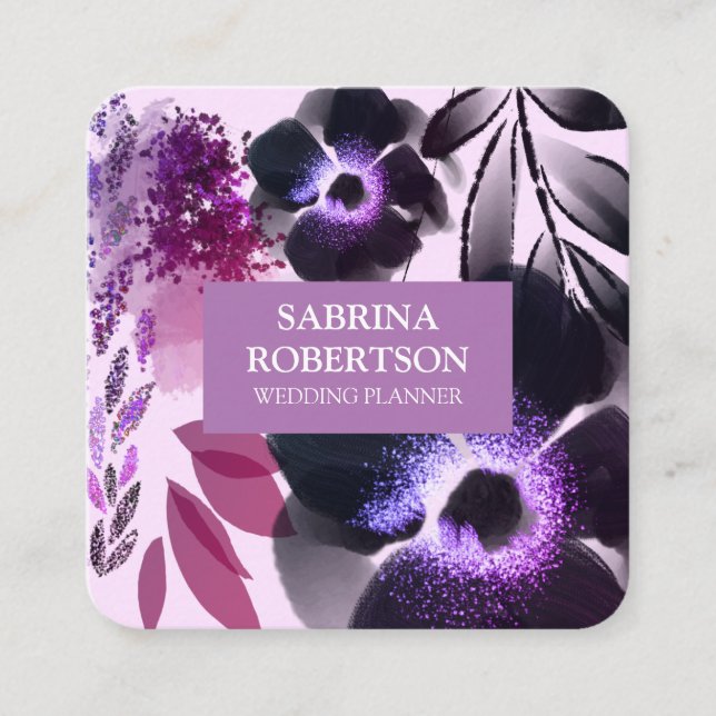 Carte De Visite Carré Elégante aquarelle Jolie violet et rose floral (Devant)