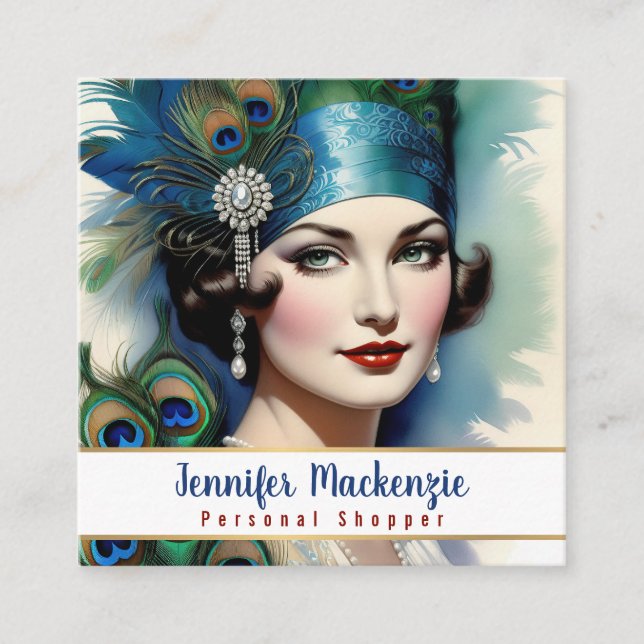 Carte De Visite Carré Élégante Blue Gold Peacock Femme (Devant)